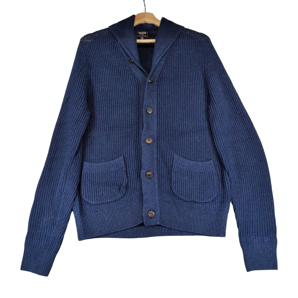 Todd Snyder Mens Navy Blue Linen Cotton Shawl Collar Ribbed Cardigan Sweater S